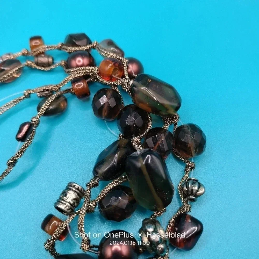 Antiqued Gold Tone Multi Strand Twisted Wire Glass Beaded Necklace